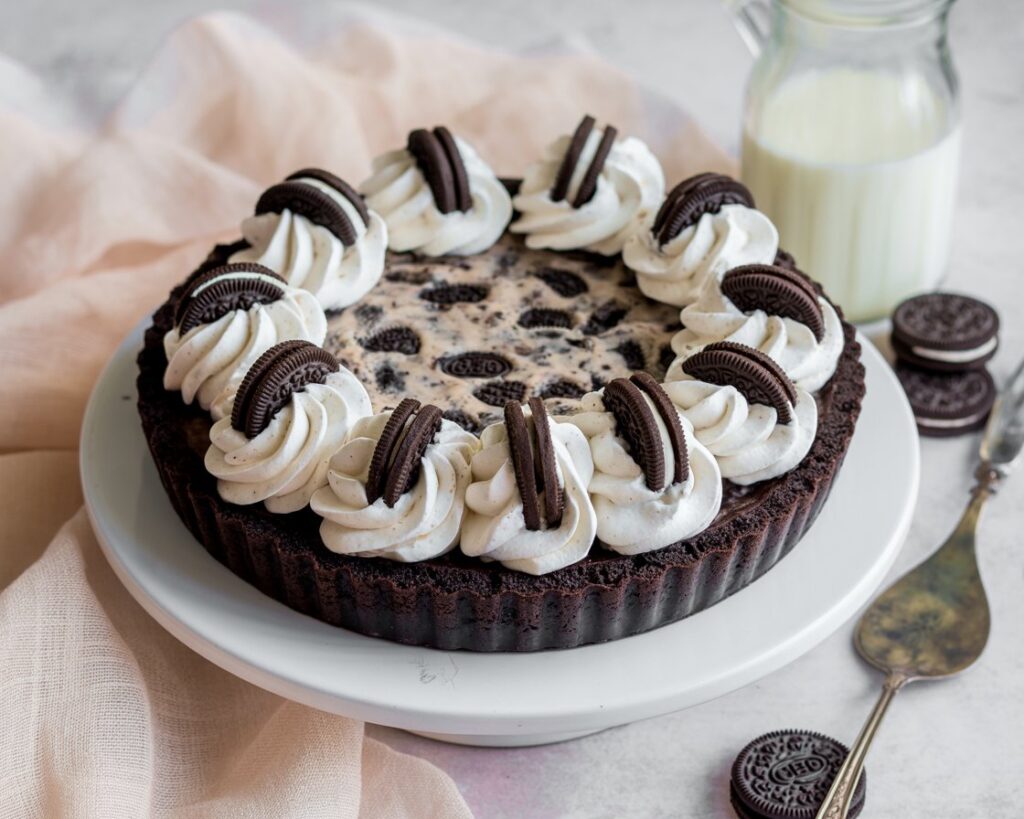 Rich and creamy Oreo cookie pie served on a white plate with extra cookies on the side.