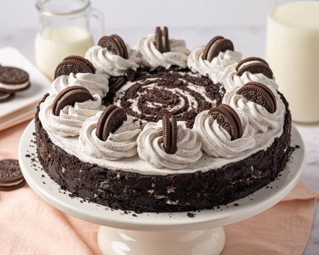 Homemade Oreo cookie pie with creamy filling, topped with whipped cream and crushed Oreo pieces.
