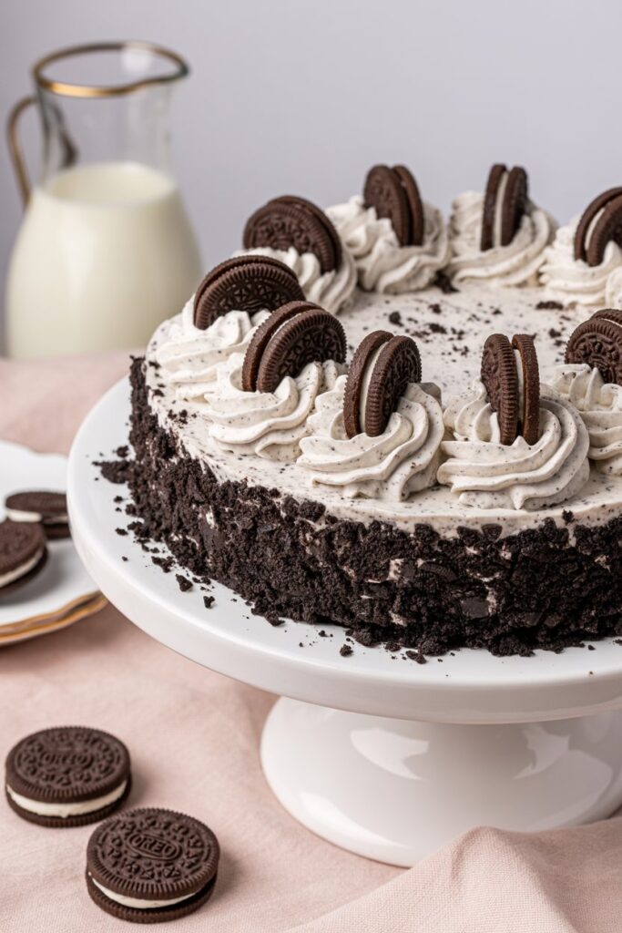 Easy no-bake Oreo pie with smooth filling and cookie crumble garnish.