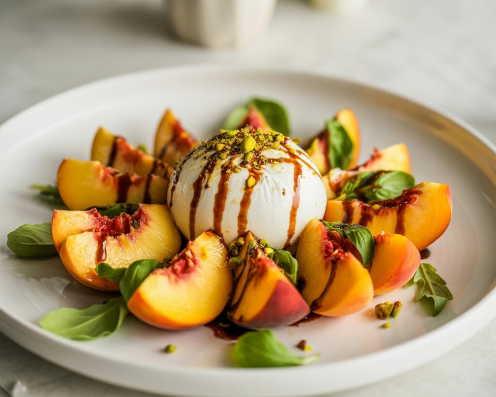 Rustic serving of peach burrata salad with toasted bread on the side.