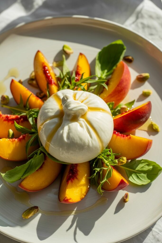 Close-up of peach burrata salad showing juicy peaches and soft burrata.