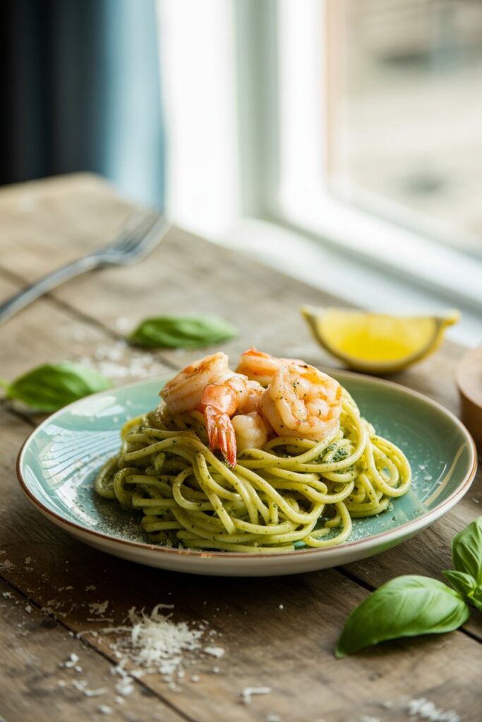 Fresh ingredients for pesto shrimp pasta including basil, garlic, shrimp, pasta, and parmesan.