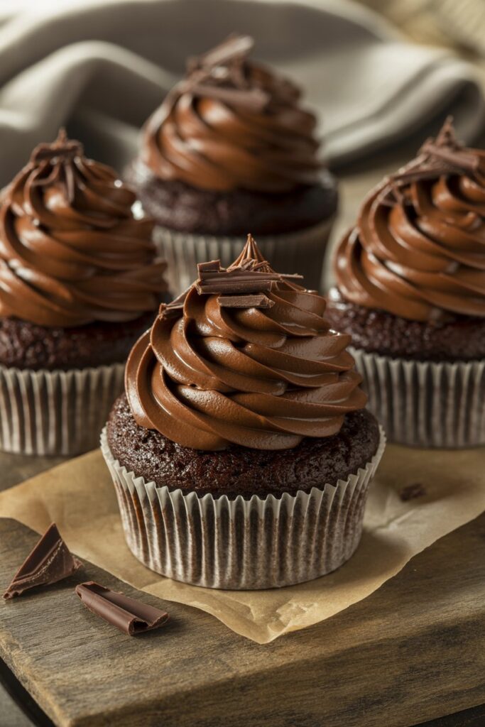 Close up of freshly baked chocolate cupcakes with smooth buttercream frosting on top