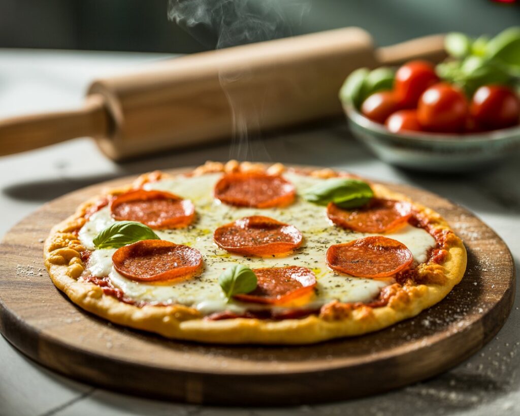 Cheesy keto-friendly pizza with cauliflower crust and fresh herbs