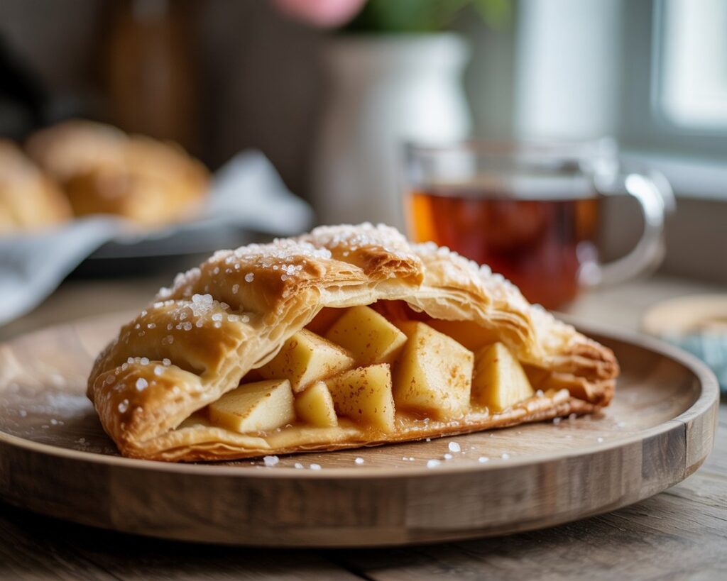 Apple turnover with flaky layers and sweet apple filling on white plate
