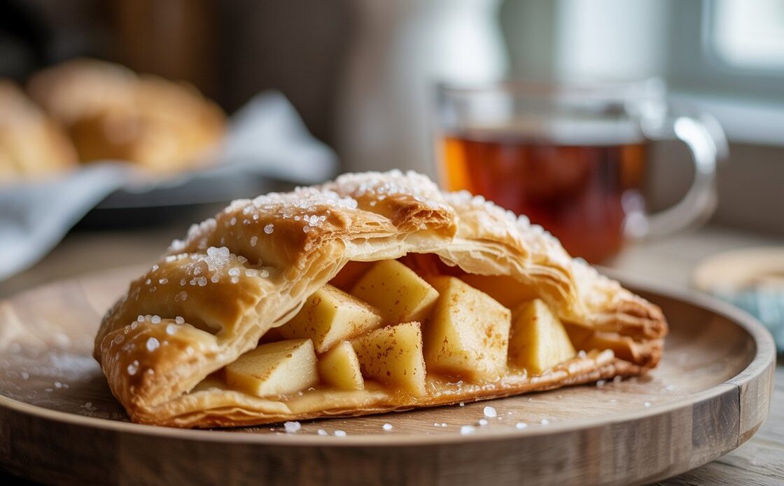 Apple turnover with flaky layers and sweet apple filling on white plate