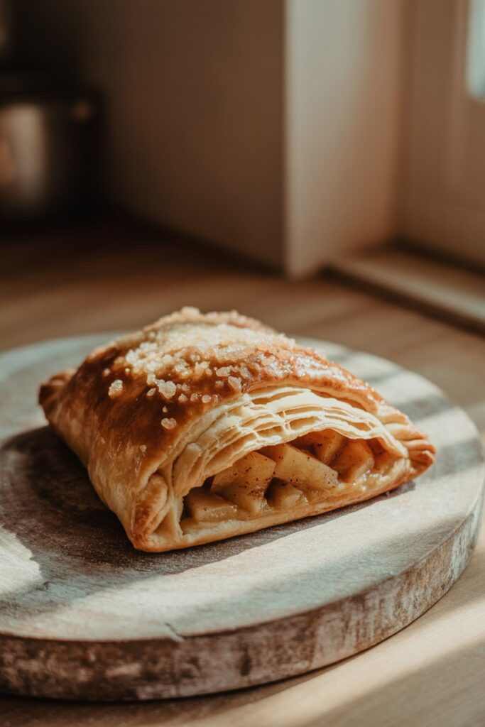 Golden homemade apple turnovers with flaky crust on a baking tray
