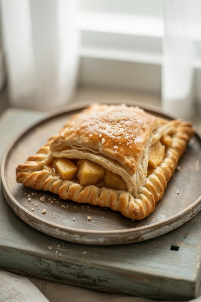 Close up of apple turnover with cinnamon apple filling oozing out