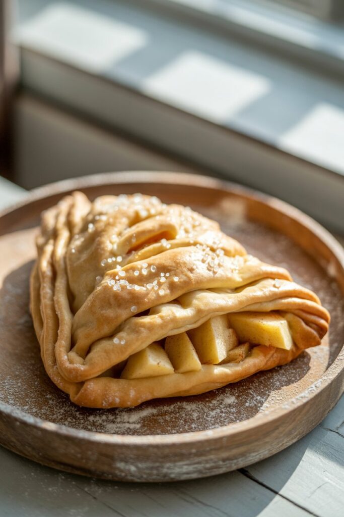Plate of freshly baked apple turnovers dusted with powdered sugar