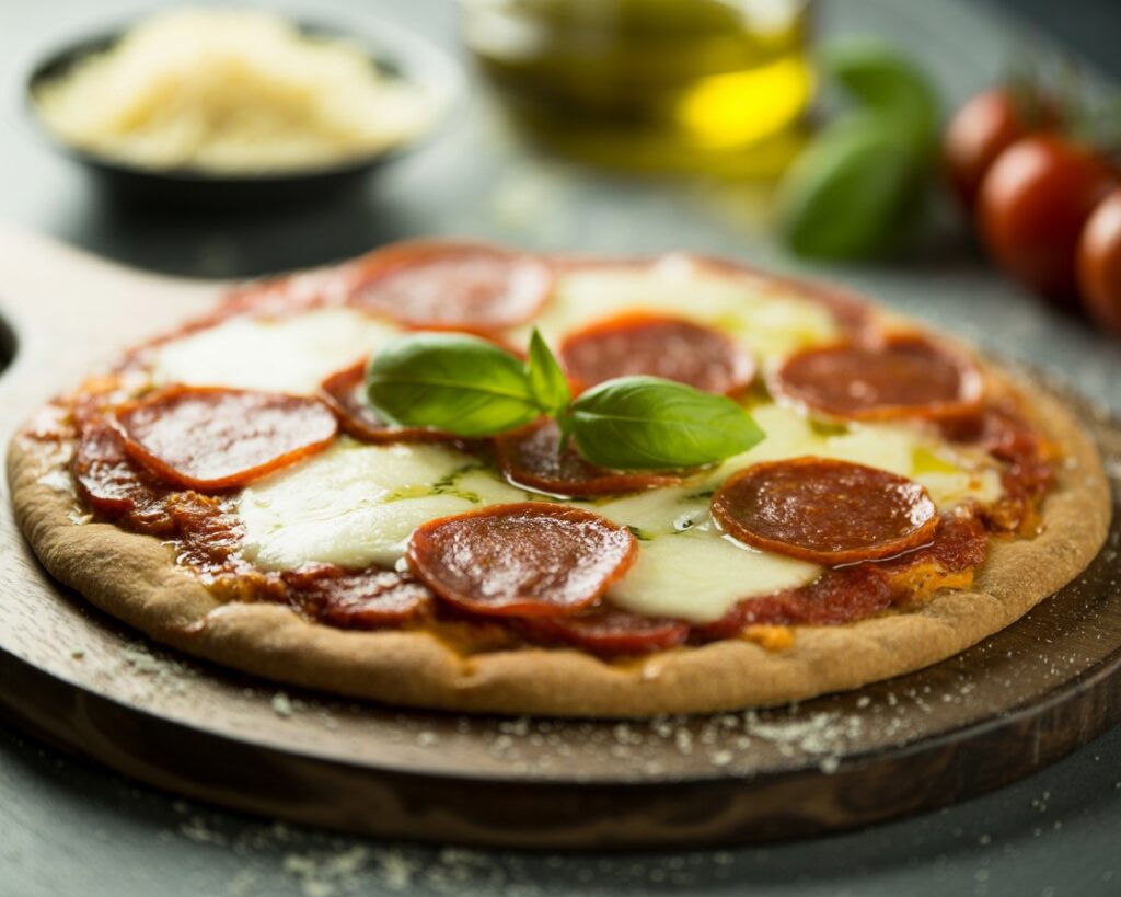 Keto pizza with melted cheese and pepperoni on a wooden board