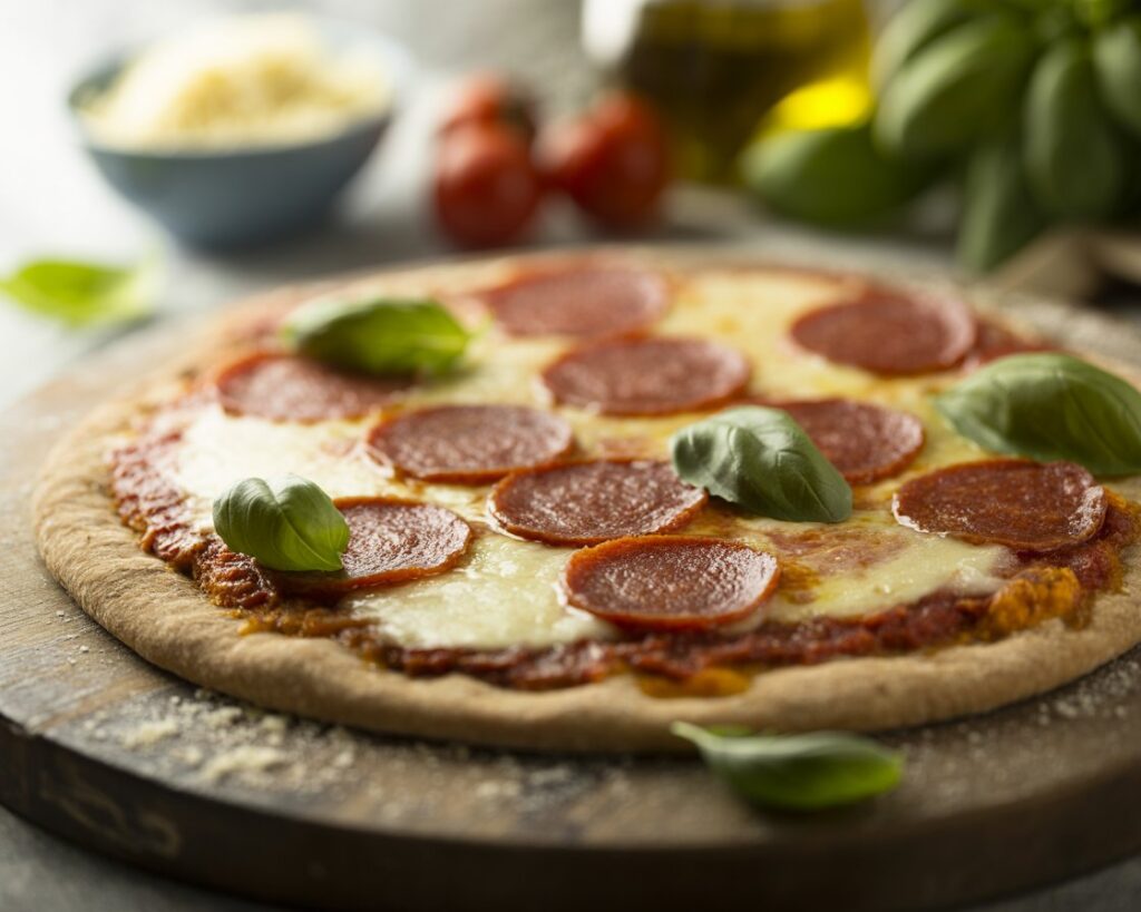 Low-carb pizza crust made with almond flour, baked to perfection