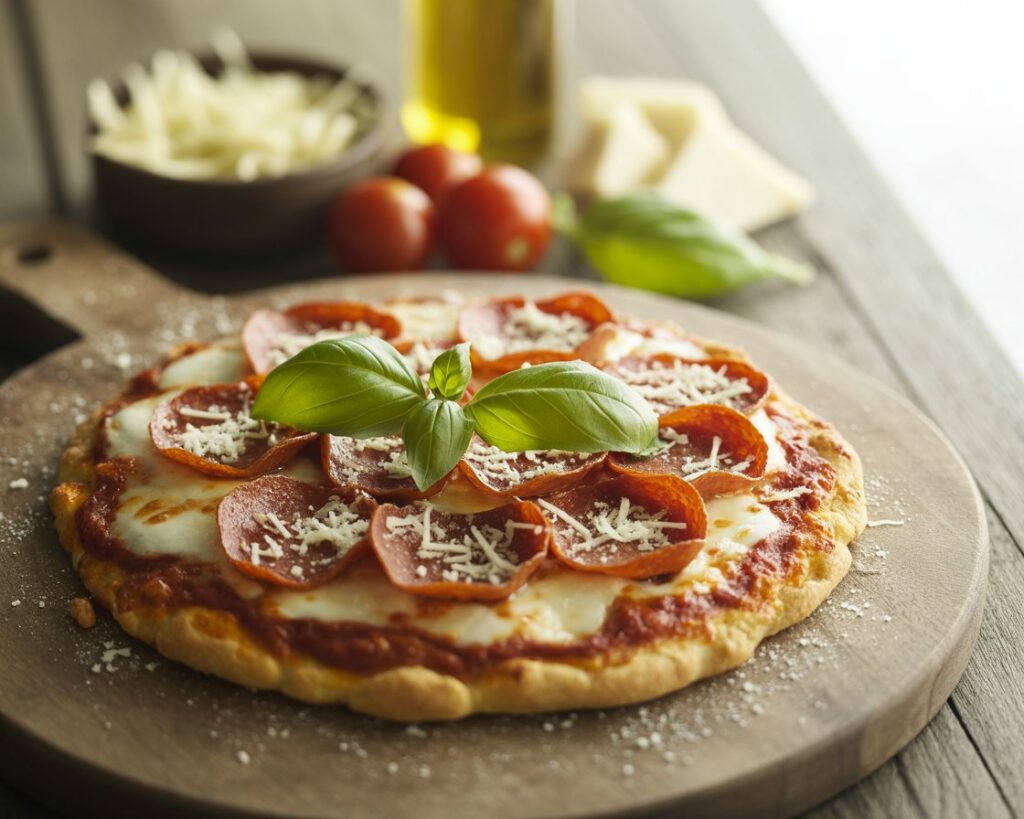 Homemade keto pizza topped with mozzarella, basil, and tomato sauce