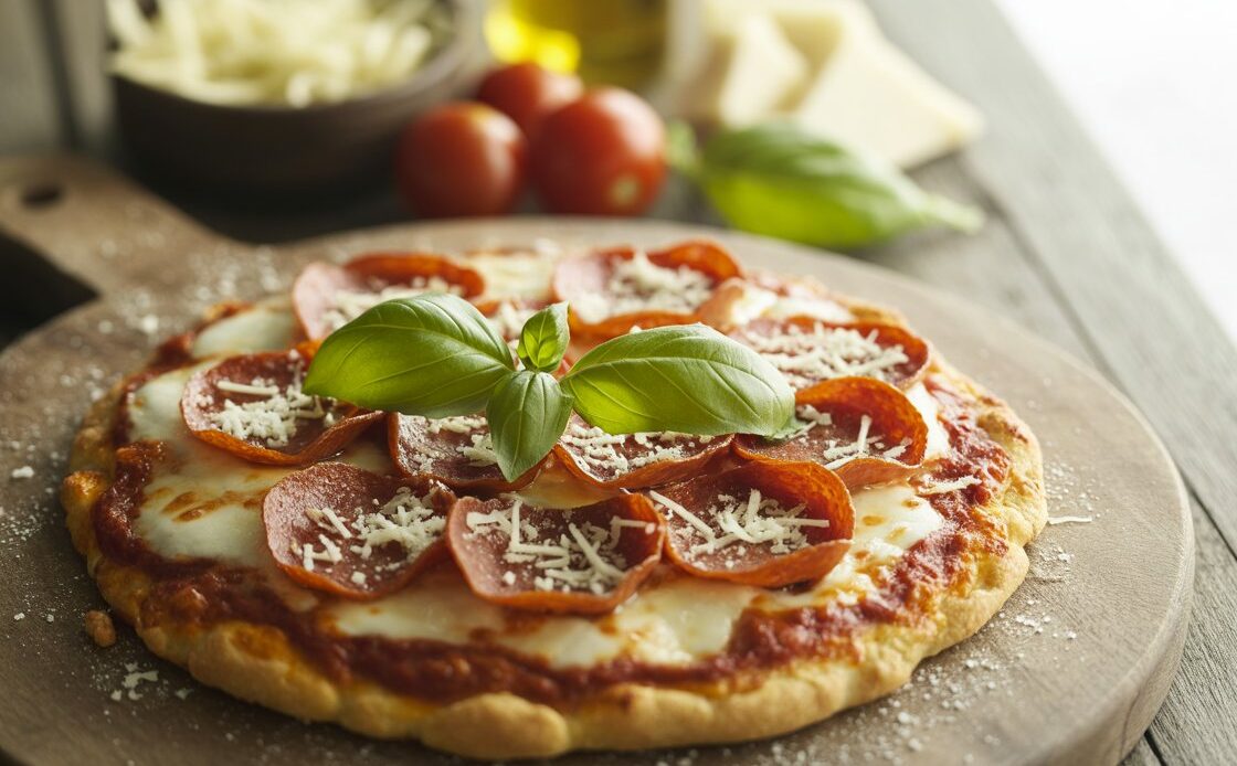 Homemade keto pizza topped with mozzarella, basil, and tomato sauce