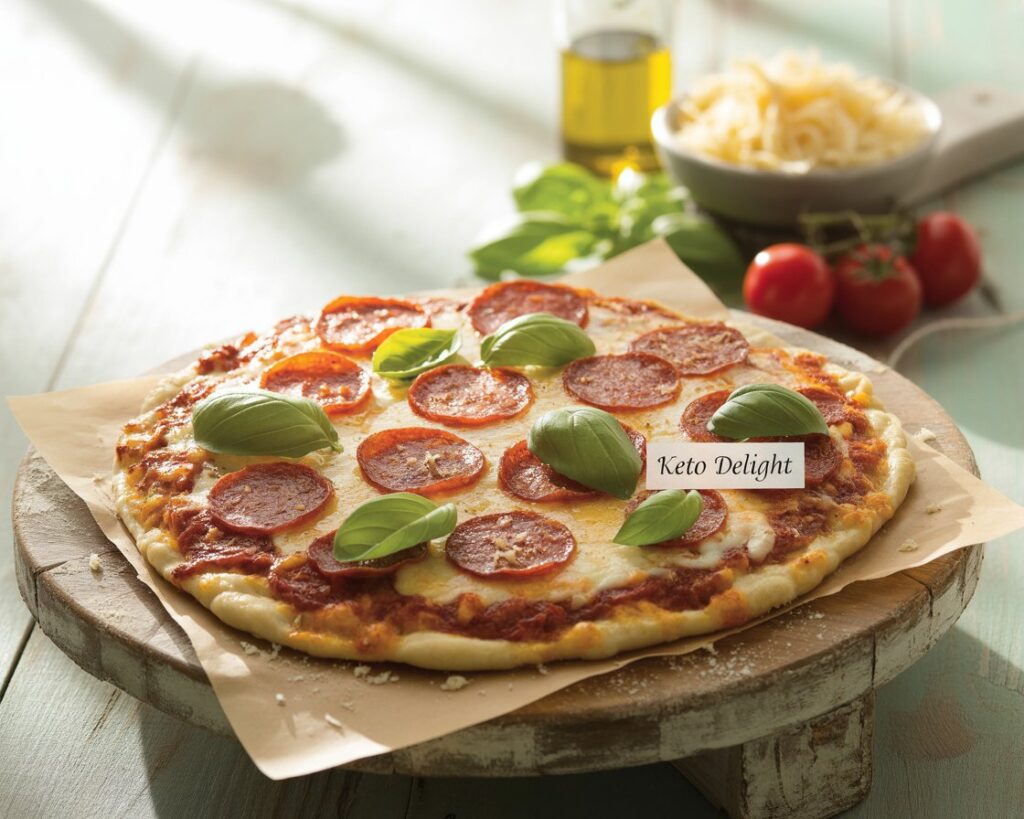 Slicing a freshly baked keto pizza with crispy golden edges