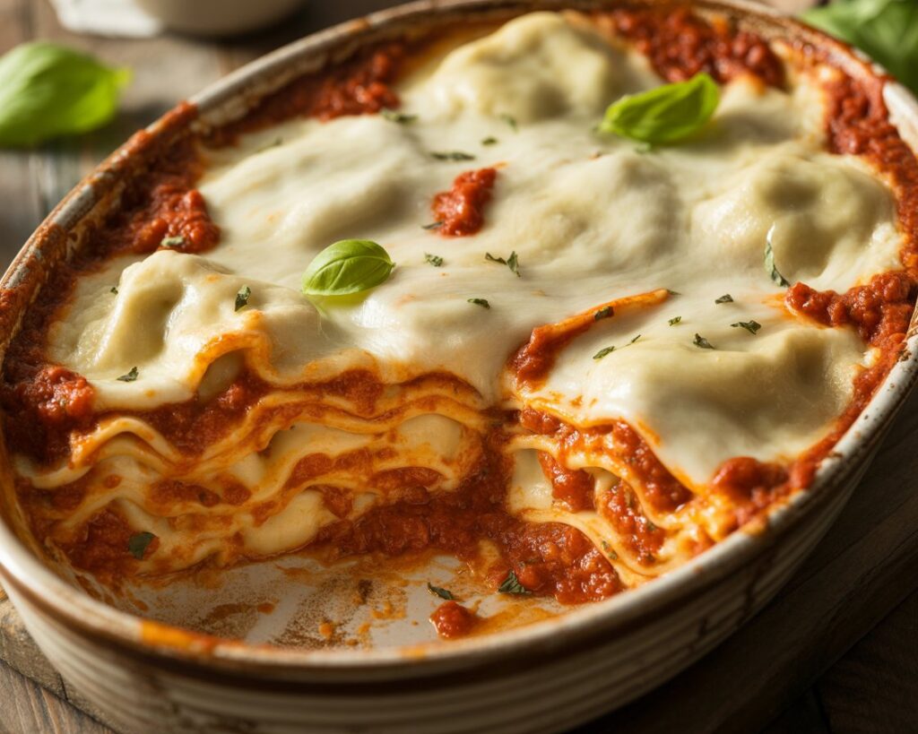 Close view of cheesy ravioli lasagna fresh out of the oven