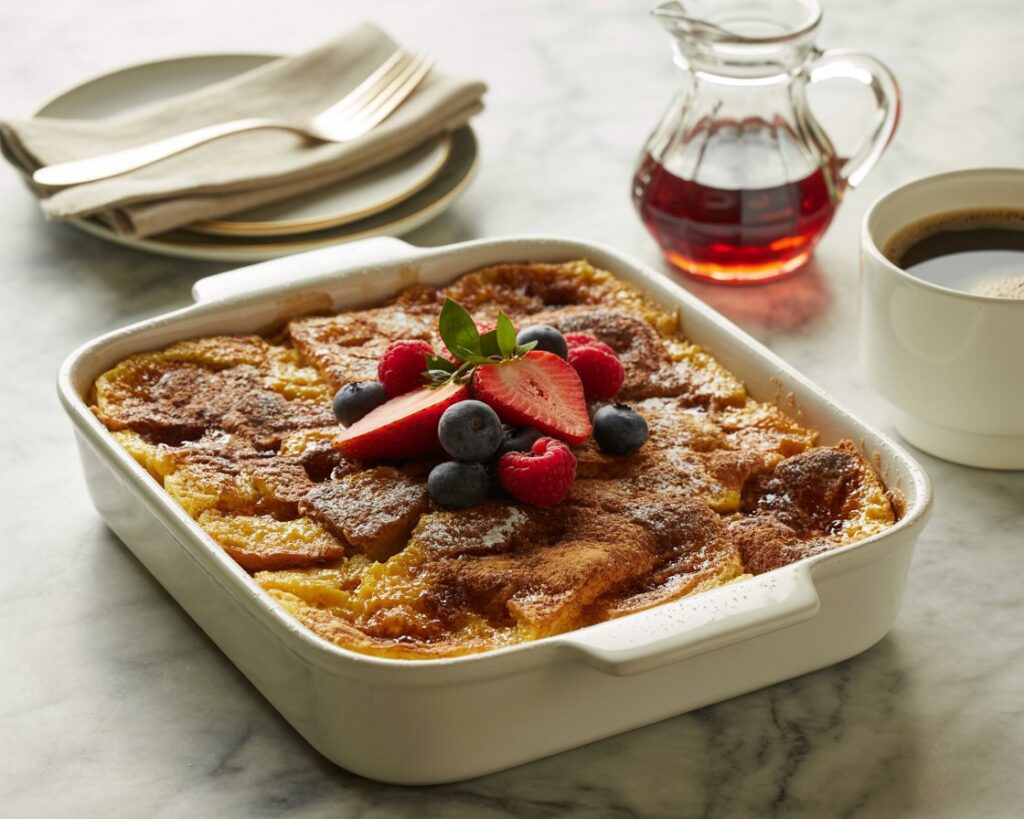 Easy make-ahead French toast casserole topped with pecans
