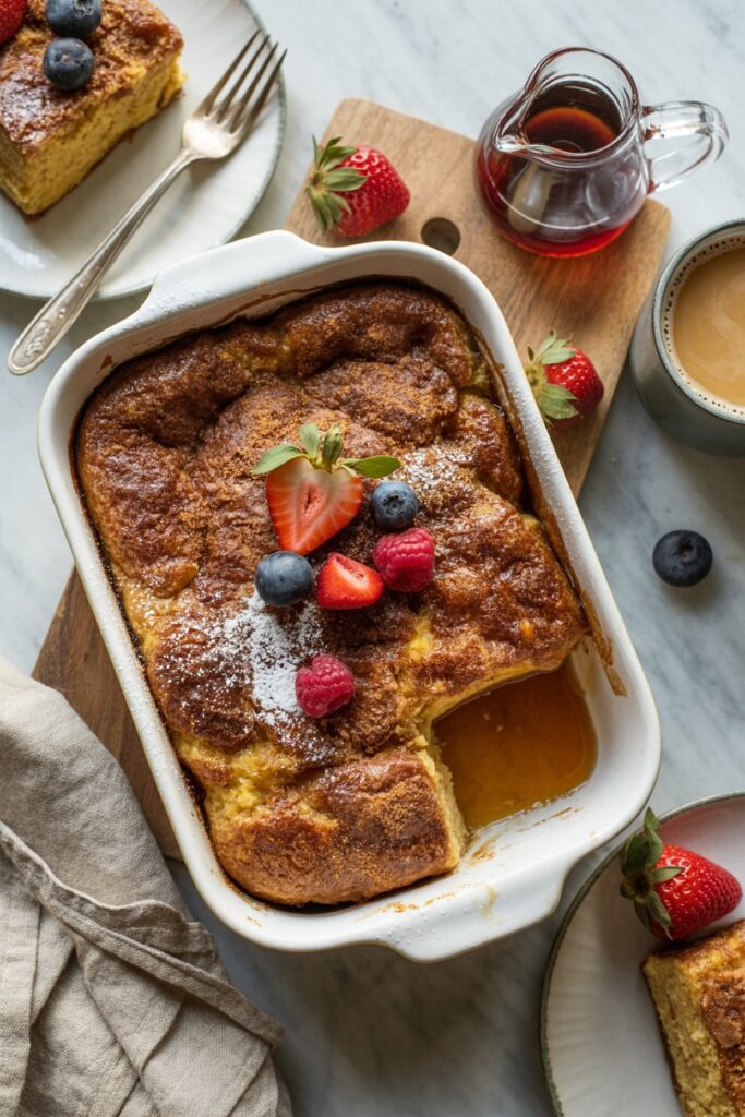 Close-up of baked casserole with cinnamon swirls and crispy edges