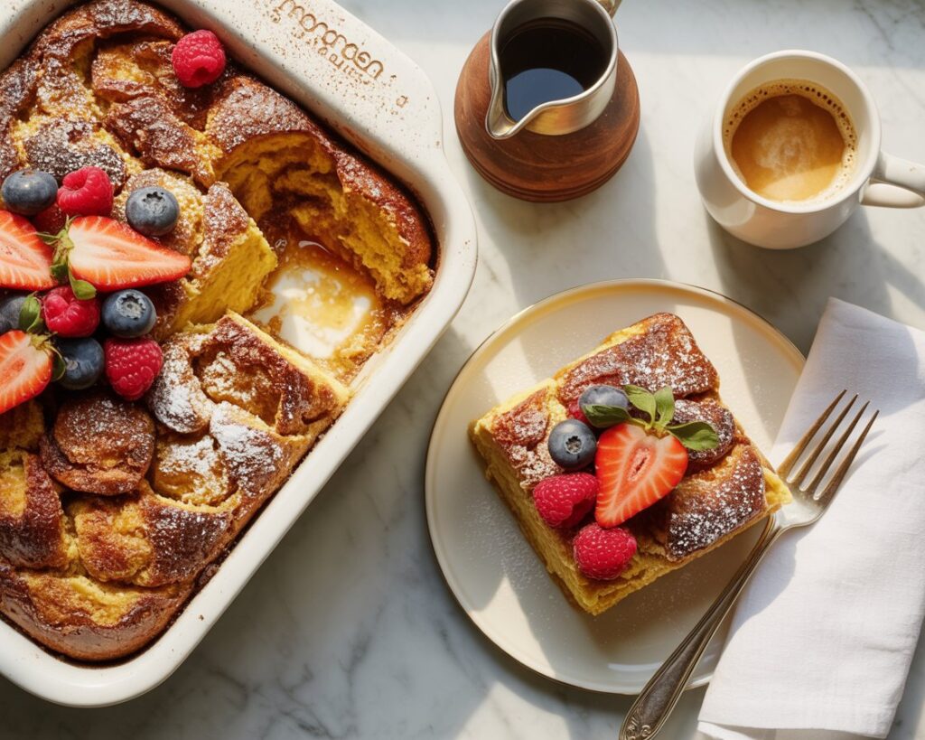 Sweet breakfast casserole served with maple syrup drizzle