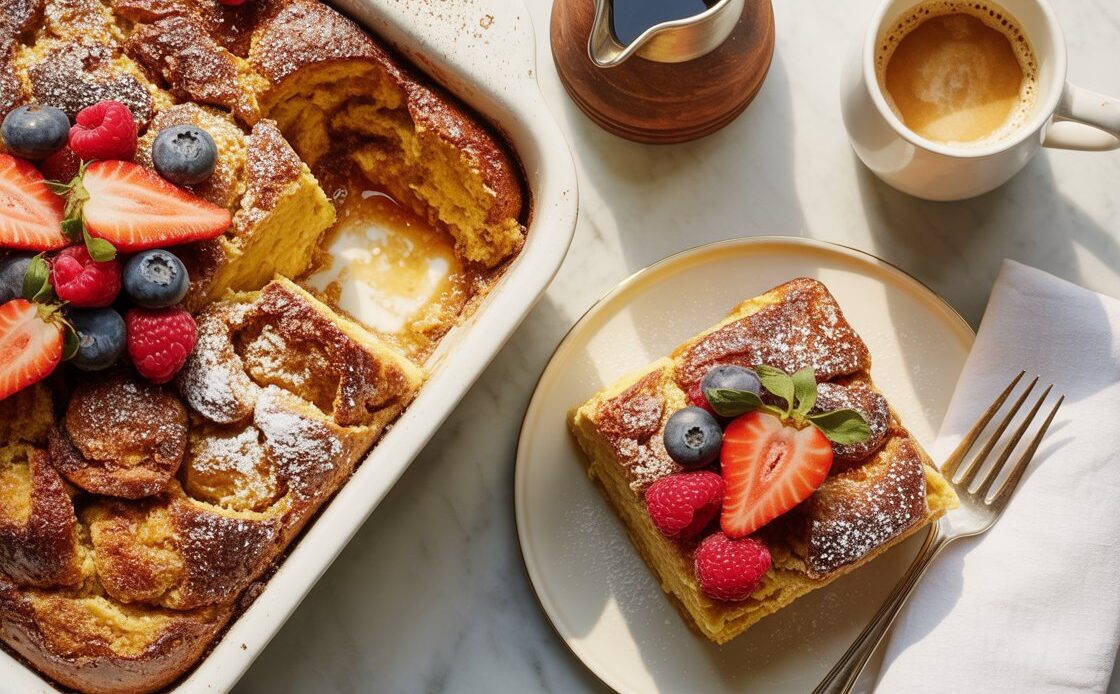 Sweet breakfast casserole served with maple syrup drizzle