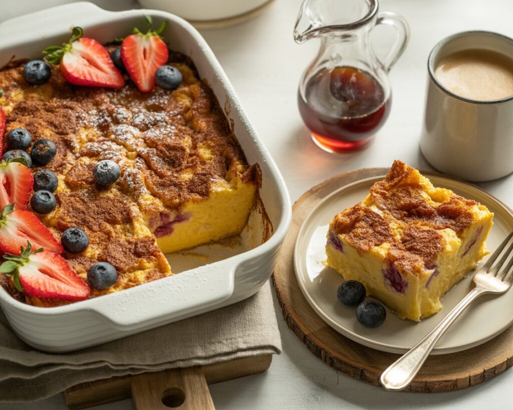 Overnight casserole with thick bread chunks and custard filling