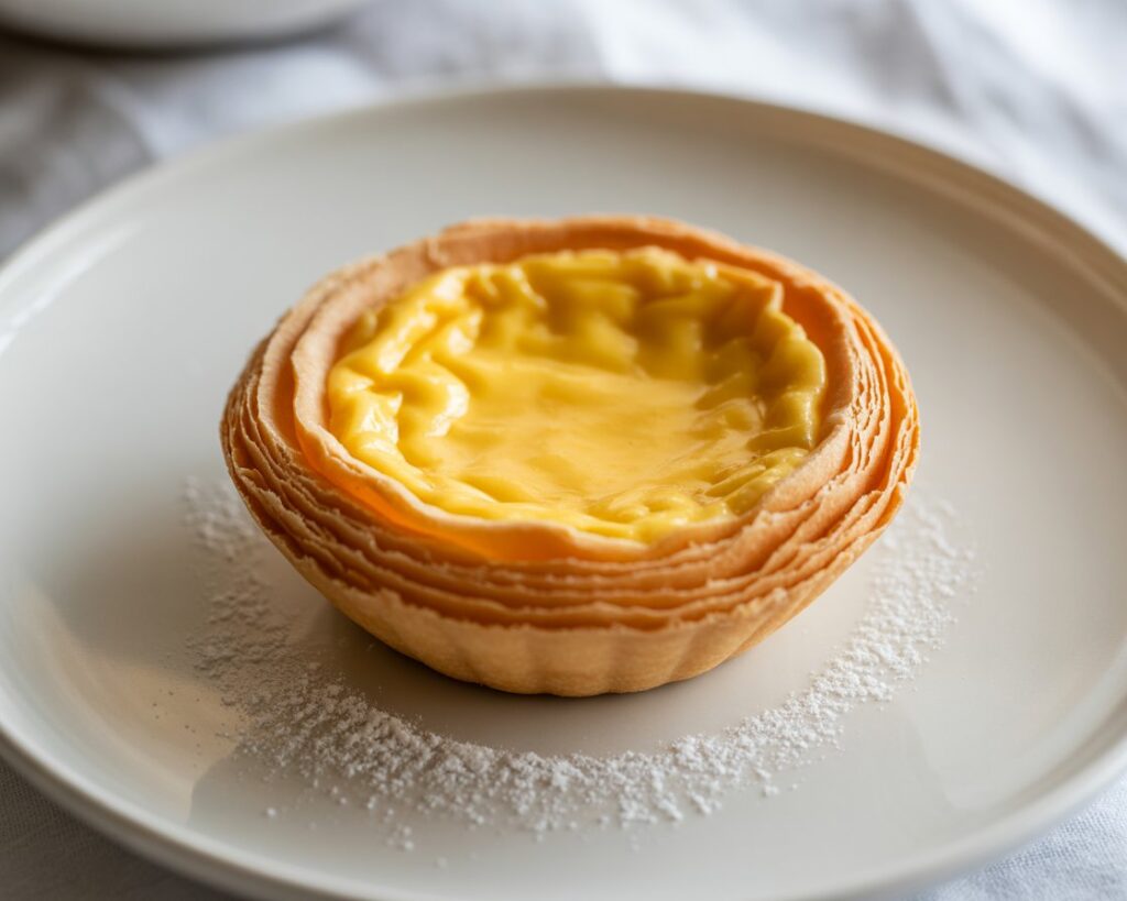 Plate of homemade egg tarts with golden tops and flaky layers