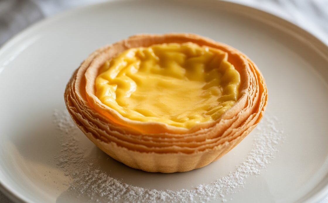 Plate of homemade egg tarts with golden tops and flaky layers
