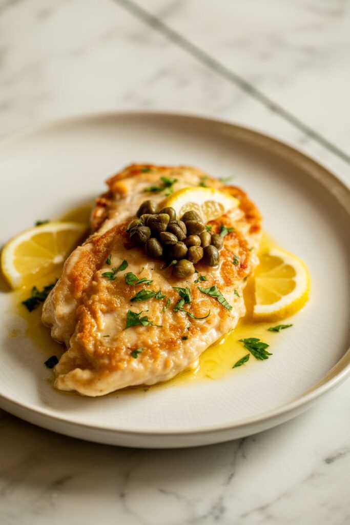 Plate of chicken francese served with a lemon butter sauce.