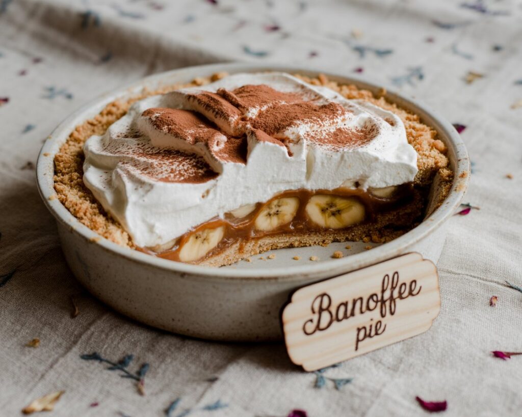 Close-up of banoffee pie garnished with cocoa powder and banana slices