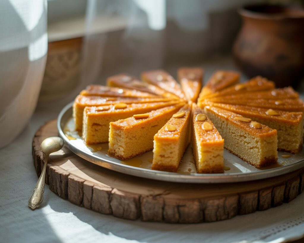 Golden basbousa semolina cake cut into diamond shaped pieces with almonds on top