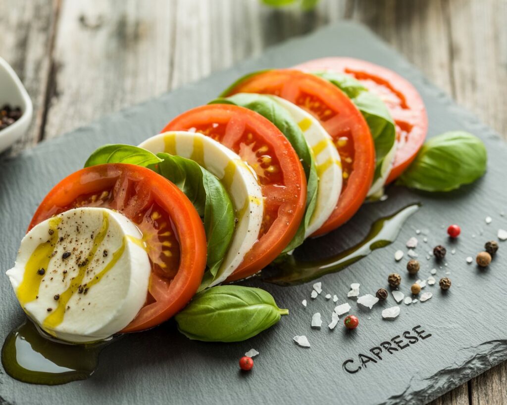 Homemade caprese salad with vibrant red green and white colors