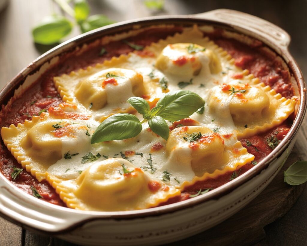 Comfort food style ravioli lasagna on white plate with parsley garnish