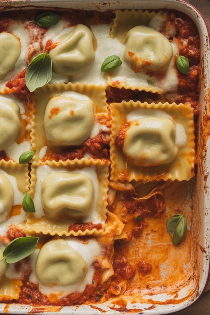 Homemade ravioli lasagna with golden cheesy topping and herbs
