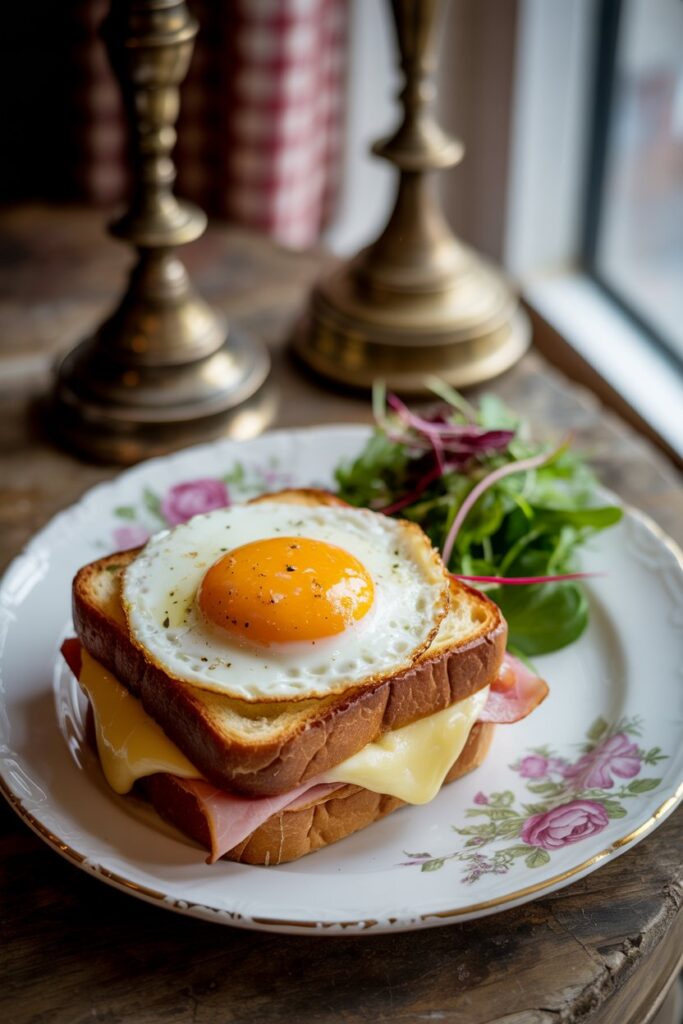 Step by step preparation of a croque madame showing bread toasting, ham layering, and cheese melting.