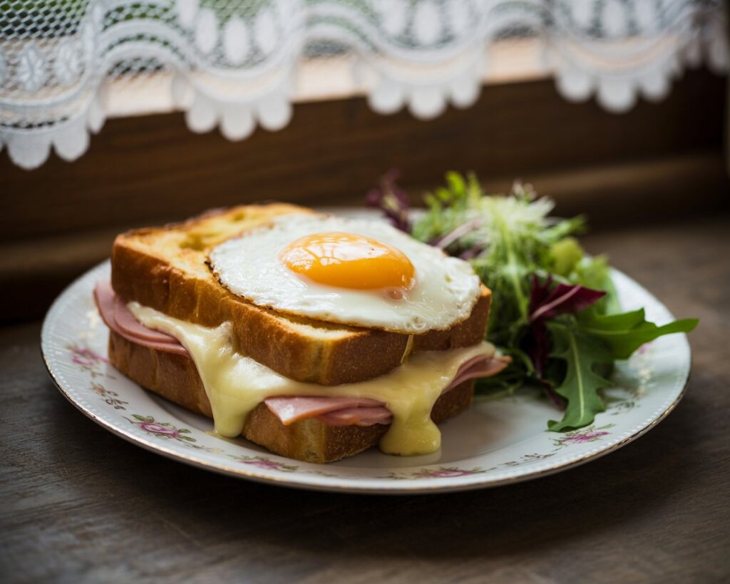 Ingredients laid out for making a traditional croque madame including bread, ham, cheese, egg, and sauce.