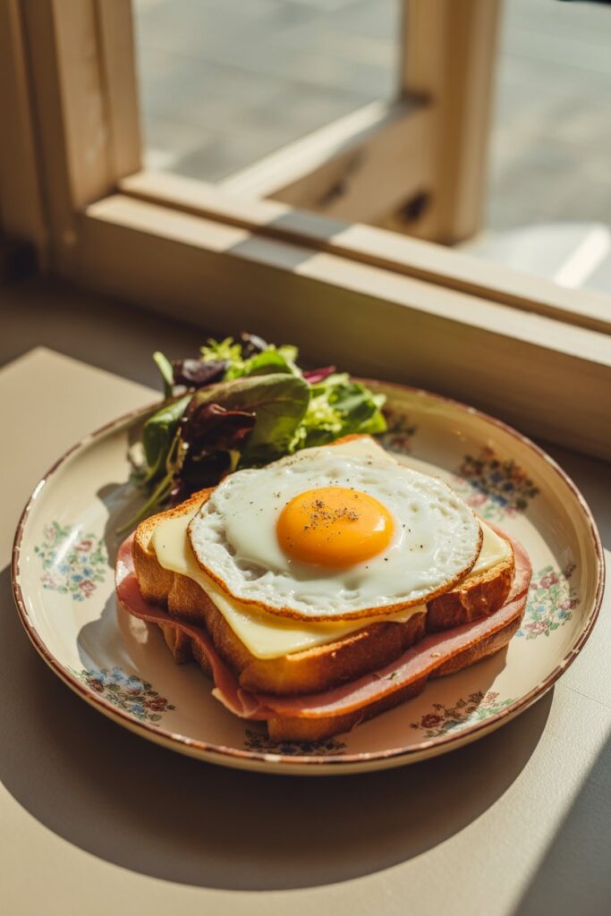 Close up of a crispy croque madame with bubbling béchamel sauce and melted Gruyere.