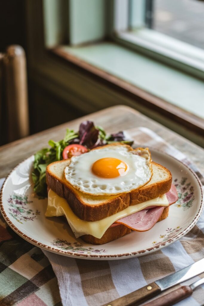 A golden brown croque madame topped with a perfectly fried egg and melted cheese on a rustic plate.