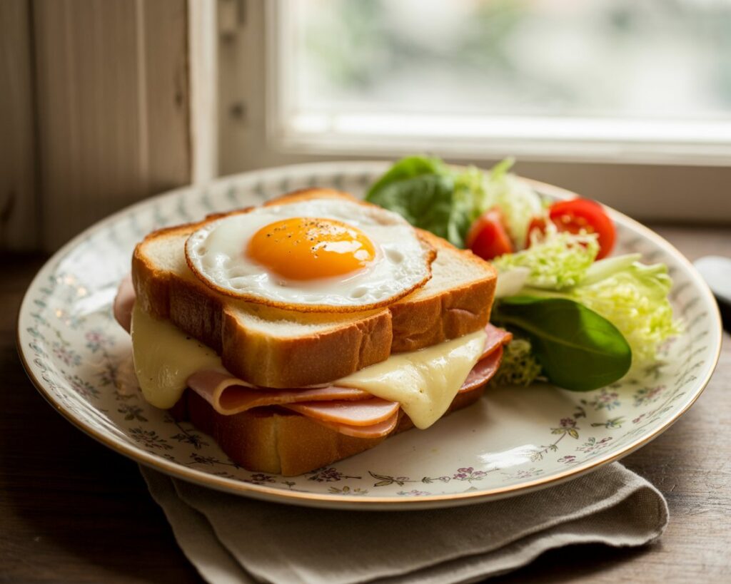 A finished croque madame being sliced to reveal layers of ham, cheese, and creamy sauce.