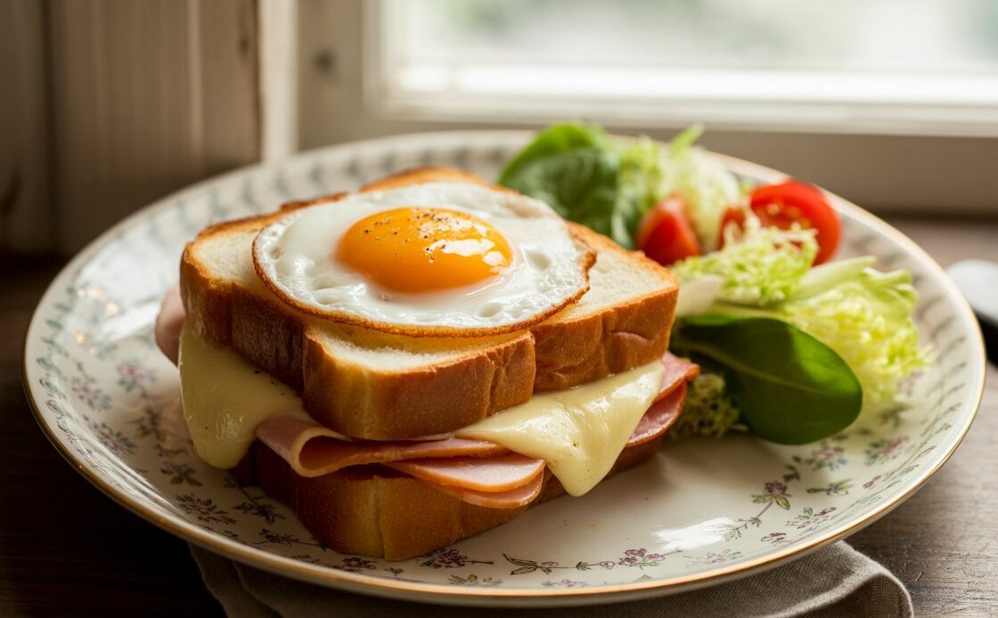 A finished croque madame being sliced to reveal layers of ham, cheese, and creamy sauce.