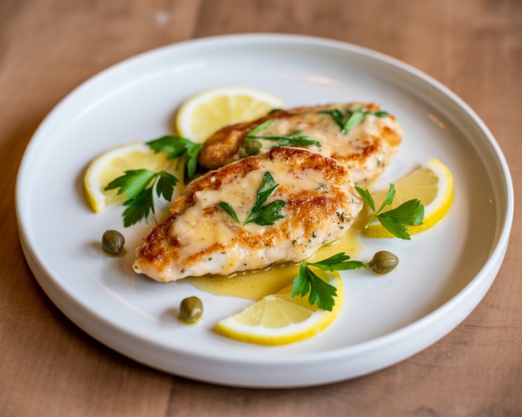 Tender chicken francese drizzled with zesty lemon sauce.