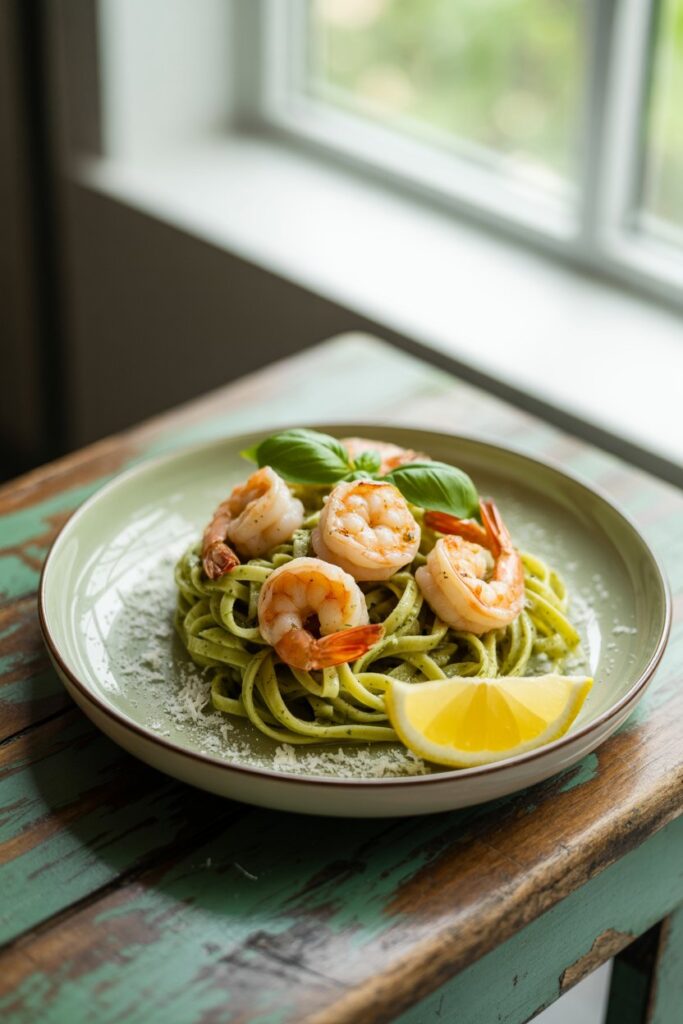 Step by step images showing shrimp being sautéed and pasta being tossed with pesto.