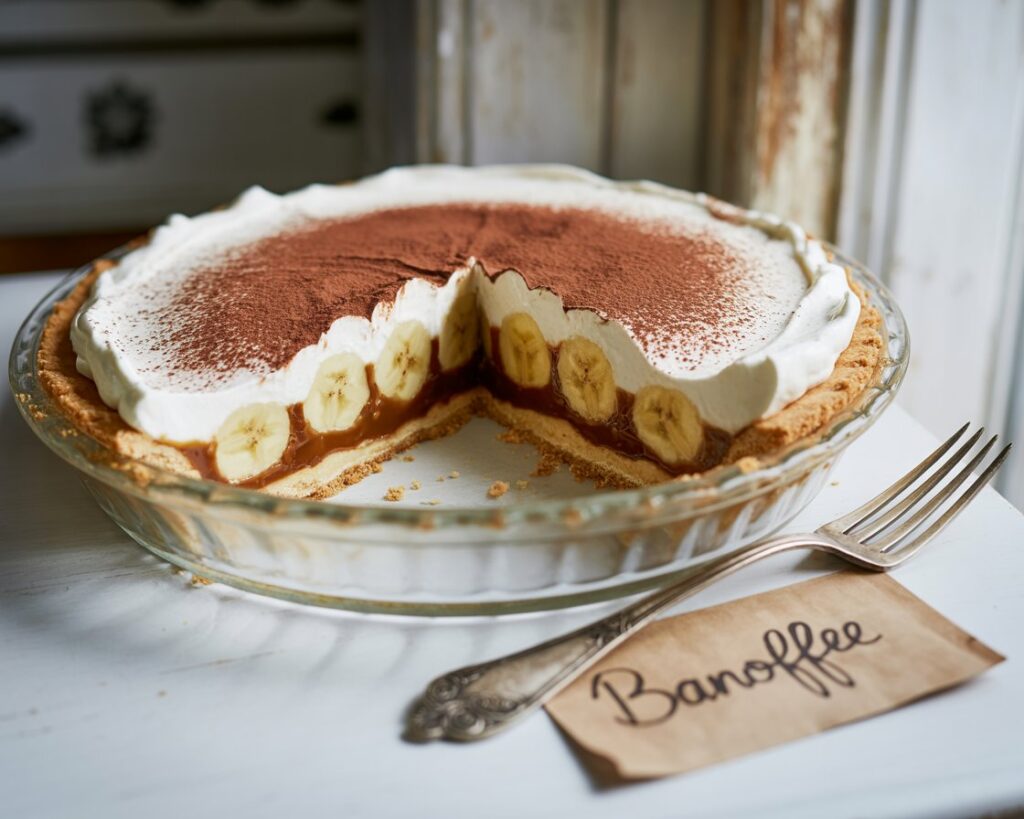 Banoffee pie in a pie dish with visible graham cracker crust