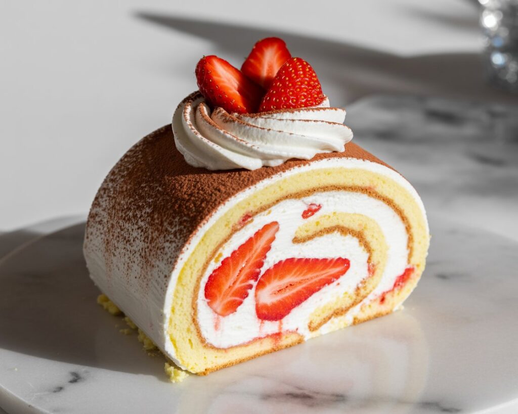 Strawberry tiramisu roll with creamy filling and cocoa topping ready to serve