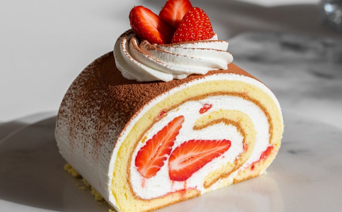 Strawberry tiramisu roll with creamy filling and cocoa topping ready to serve