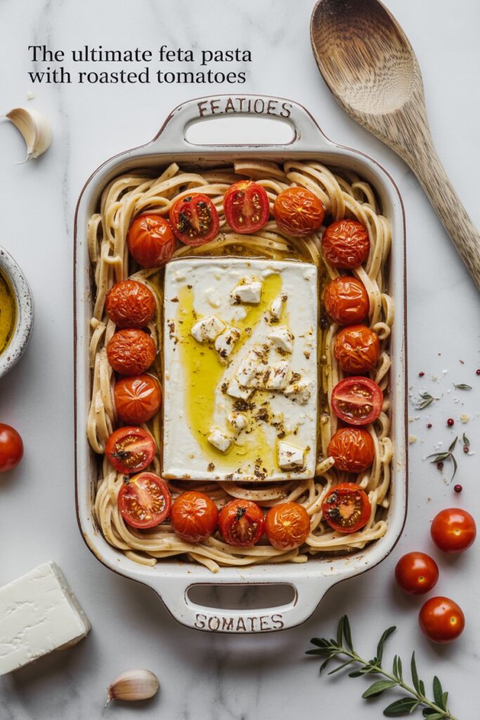 Creamy feta pasta topped with juicy roasted tomatoes and fresh herbs.