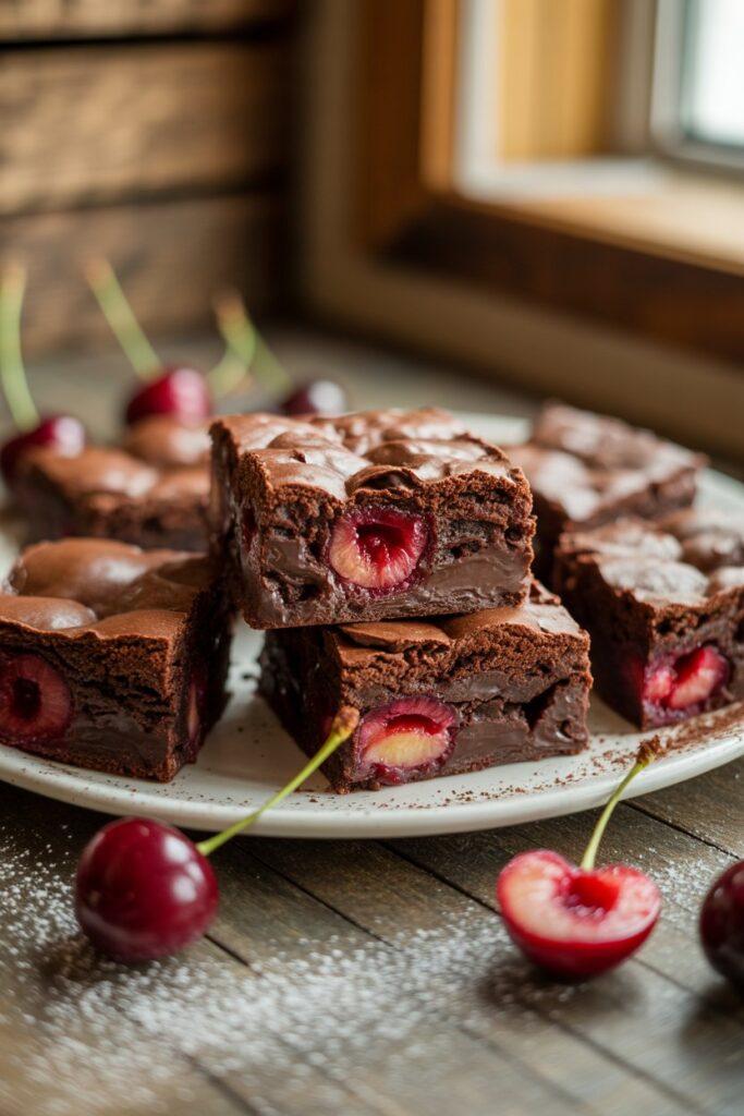 Close up of rich chocolate brownies with cherry pieces inside