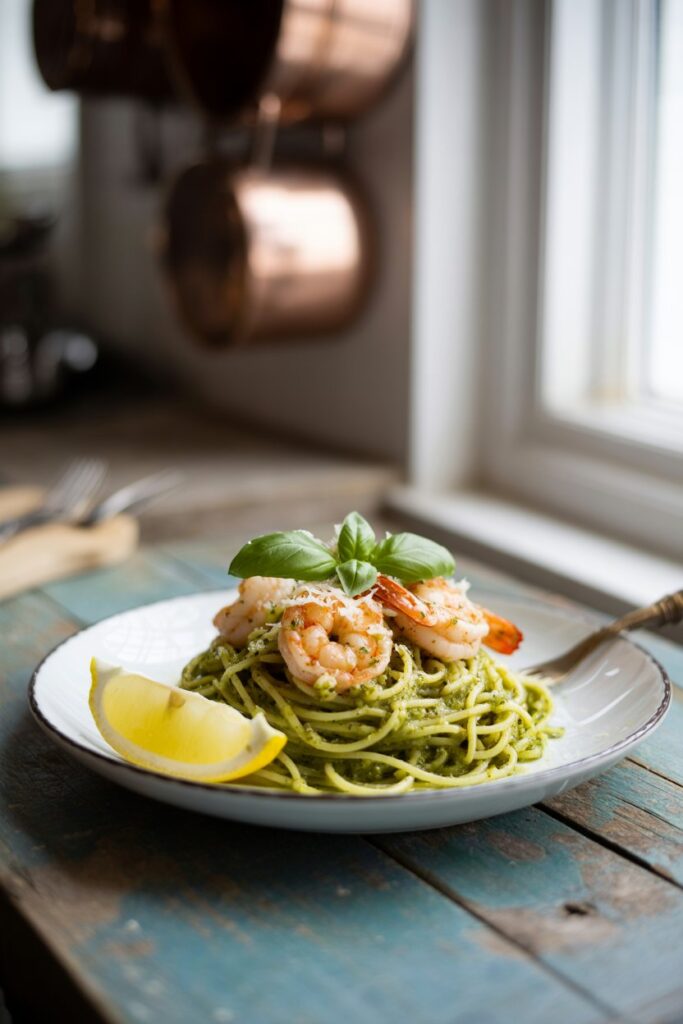 A bowl of pesto shrimp pasta with vibrant green sauce, juicy shrimp, and al dente noodles.