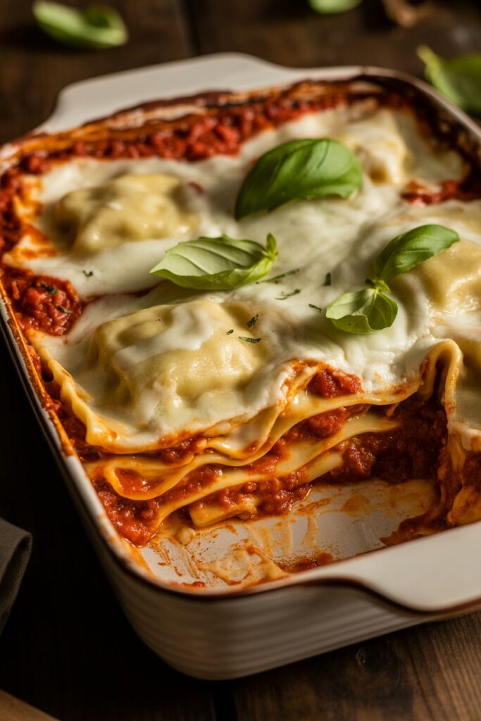 Serving of ravioli lasagna layered with marinara sauce and mozzarella