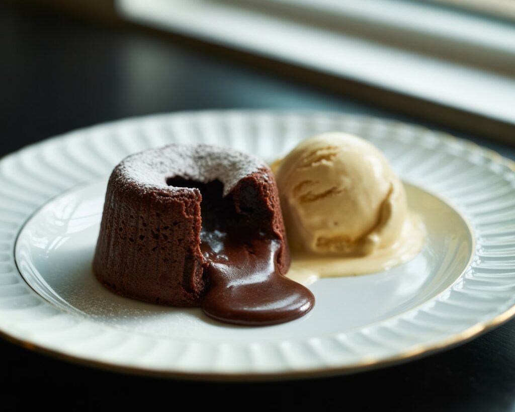 Homemade chocolate lava cake with soft exterior and flowing chocolate center