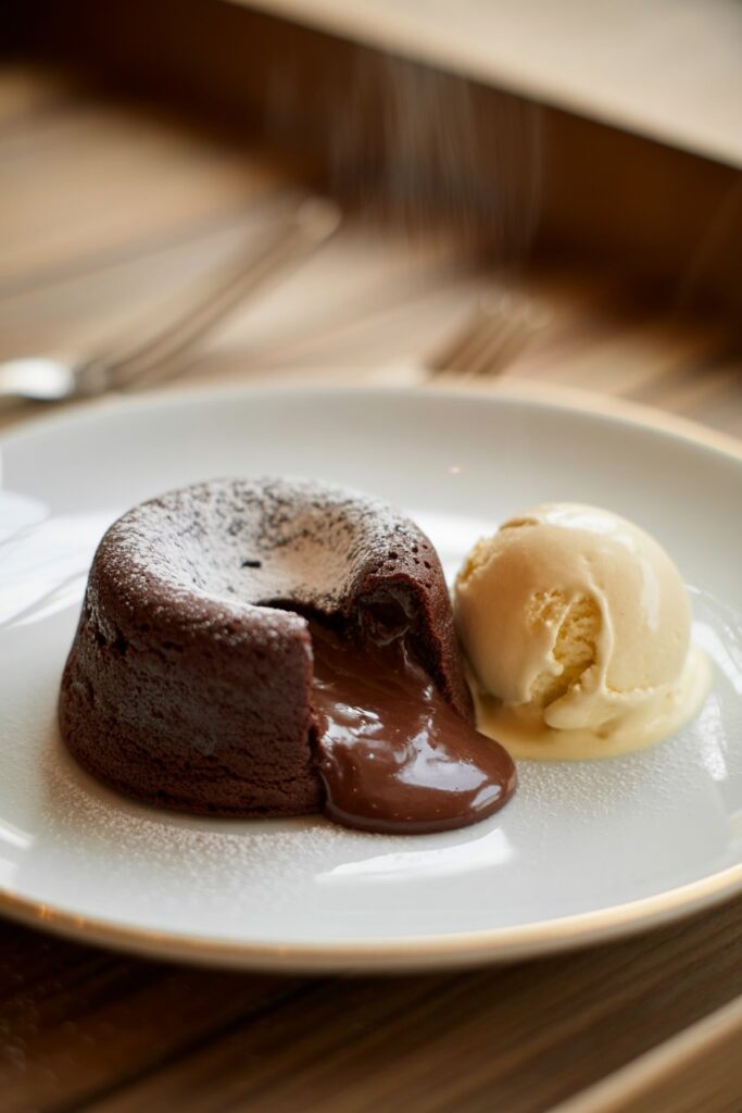 Freshly baked molten lava cake with melted chocolate filling and simple garnish