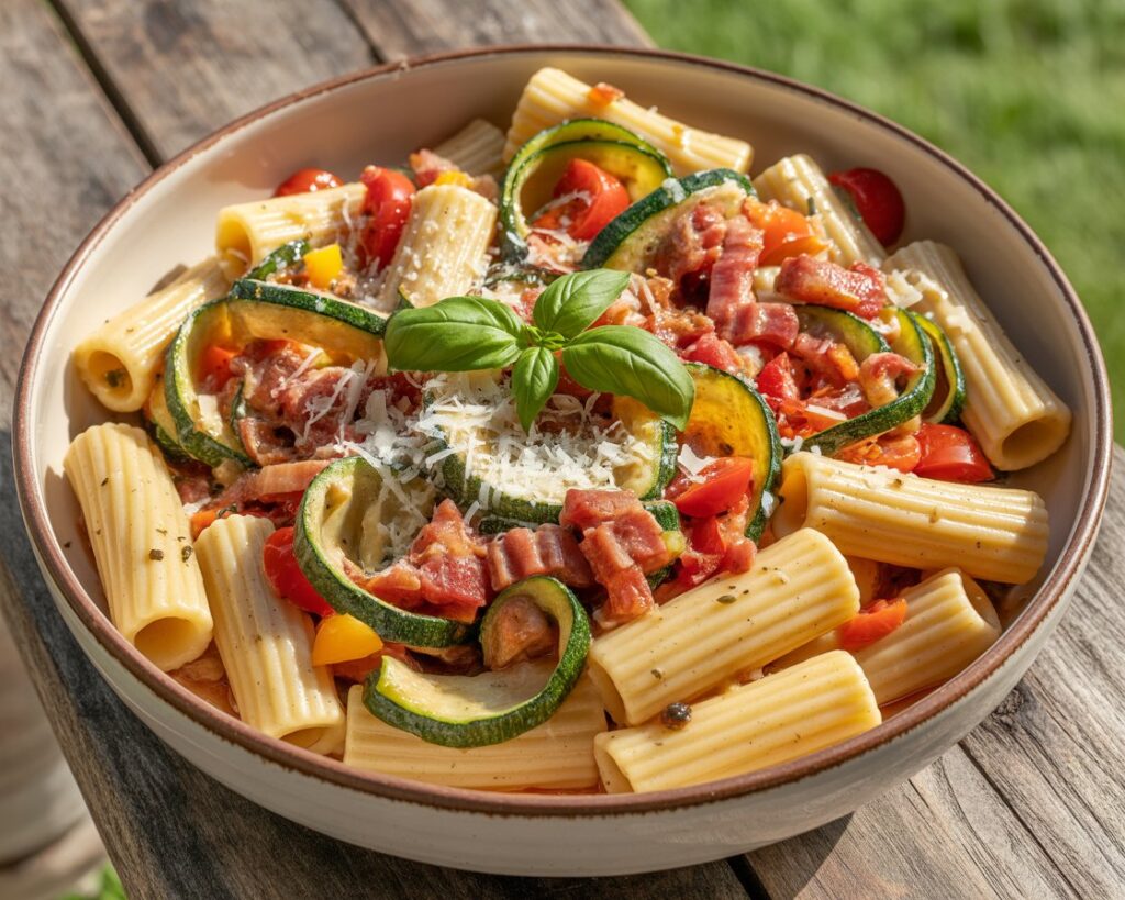 Hearty rigatoni pasta with pancetta and spring vegetables on a dinner table.
